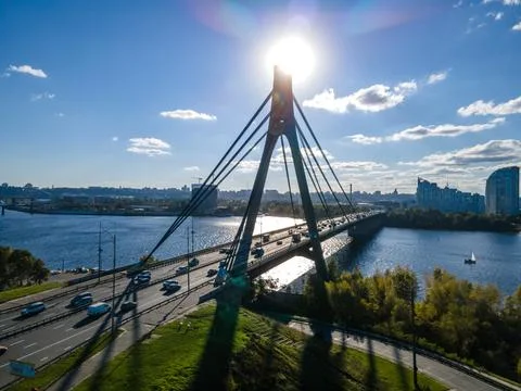 Aerial view of cable-stayed bridge Stock Photos