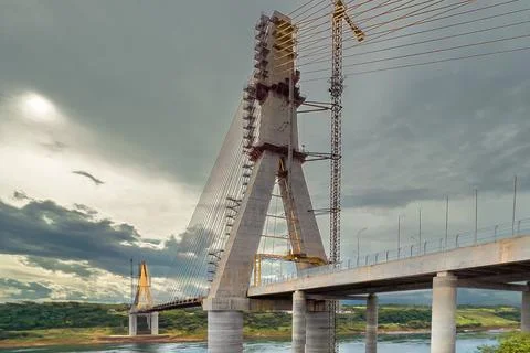 Aerial View of Cable-Stayed Bridge Connecting Brazil, Paraguay, and Argentina Stock Photos