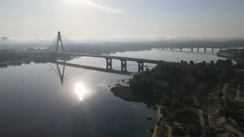 Aerial view of the cable-stayed north bridge in Kiev Stock Footage 149473057