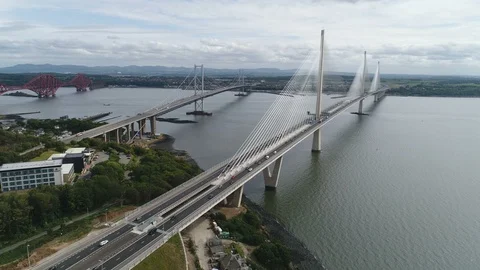 Aerial view of cable-stayed Queensferry Crossing bridge near Edinburgh, Scotland 動画素材 98944403