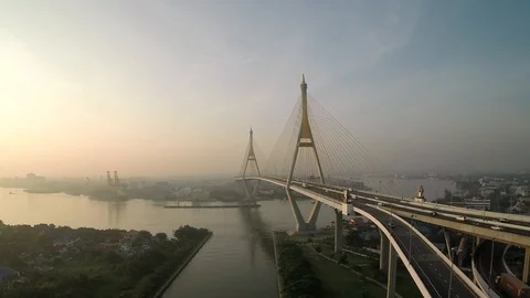 Aerial view of cable-stayed Rama VIII bridge, Bangkok, Thailand. Stock Footage 101557450