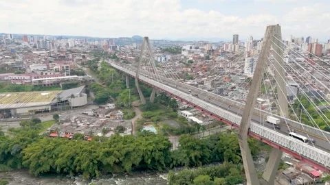 Aerial view of cable-stayed viaduct over river in Pereira Stock Footage 331254466