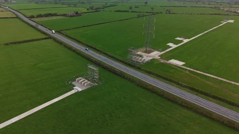 Aerial View of Cable Support Gantry and Scaffold Setup Over Rural Road Stock Footage 333375175