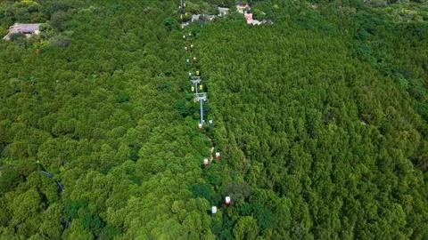 Aerial View of Cableway Over Lush Thousand Buddha Mountain Forest Stock Footage 331220890
