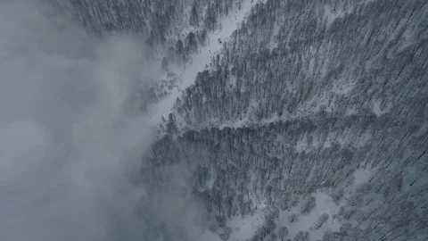 Aerial view cableway in winter forest with clouds Video stock 103474714