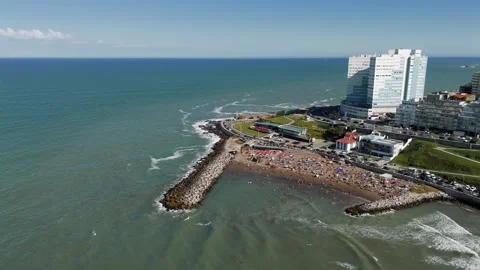 Aerial view of Cabo Corrientes beach in Mar del Plata, Argentina Stock Footage 325756635