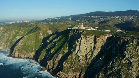 Aerial view; Cabo da Roca popular touristic sightseeing, Portugal Stock Footage 104396863