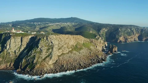 Aerial view; Cabo da Roca popular touristic sightseeing, Portugal Stock Footage 104398017