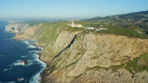 Aerial view; Cabo da Roca popular touristic sightseeing, Portugal Stock Footage 104398582