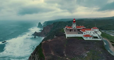 Aerial view of Cabo da Roca - The most western point of Europe. The lighthouse Stock Footage 237439192