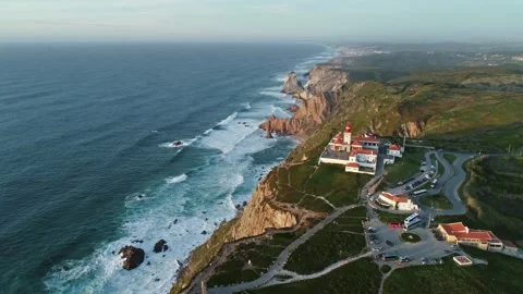 Aerial view of Cabo da Roca lighthouse and cliffs, Portugal. Stock Footage 344993115