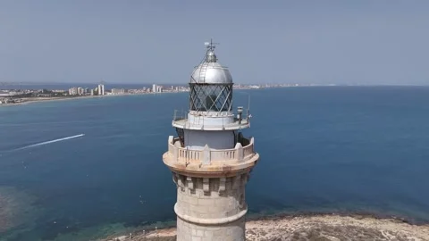 Aerial view of Cabo de Palos lighthouse over Mediterranean Sea Spain Stock-Footage 341328412