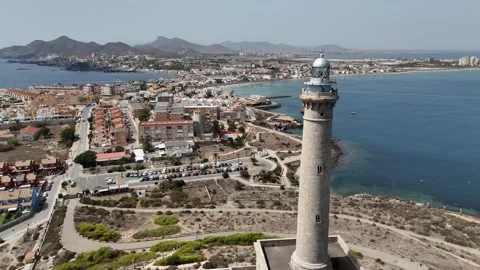 Aerial view Cabo de Palos lighthouse Spain Mediterranean Stock Footage 345569190