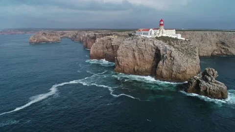 Aerial view of Cabo de Sao Vicente lighthouse, Portugal. Stock Footage 345072415