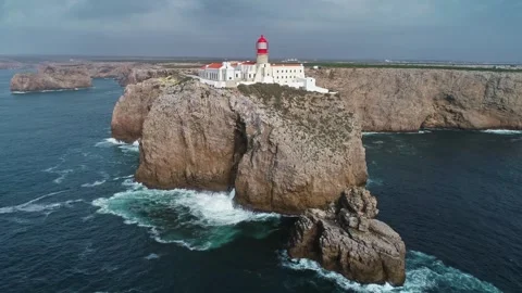 Aerial view of Cabo de Sao Vicente lighthouse in Portugal. Stock Footage 345072435