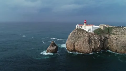 Aerial view of Cabo de Sao Vicente lighthouse, Portugal. Stock Footage 345072561