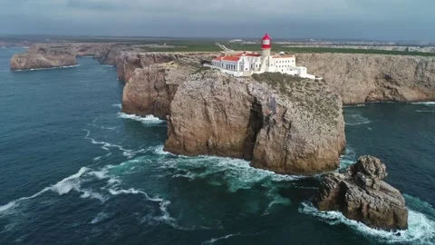Aerial view of Cabo de Sao Vicente lighthouse, Portugal. Stock Footage 345072639