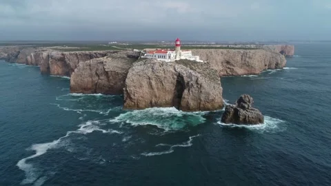 Aerial view of Cabo de Sao Vicente lighthouse, Portugal. Stock Footage 345072664
