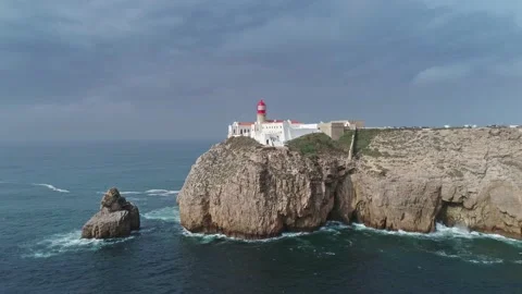 Aerial view of Cabo de Sao Vicente lighthouse, Portugal. Stock Footage 345072810