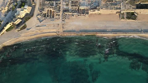 Aerial View of Caesarea Ancient Harbor and Mediterranean Coast Israel Stock Footage 337183806