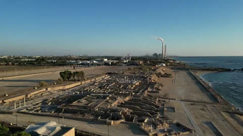 Aerial View of Caesarea Ancient Harbor and Mediterranean Coast Israel Stock Footage 337183809