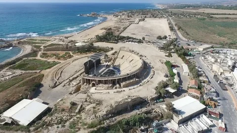 Aerial view of Caesarea Roman Amphitheater and Old City. Israel. DJI-0015-03 Stock Footage