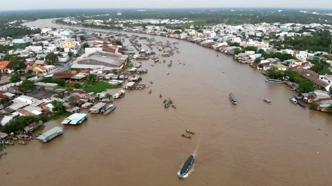 Aerial View of Cai Rang Floating Market in Can Tho, Mekong Delta, South Vietnam Stock Footage 95296679