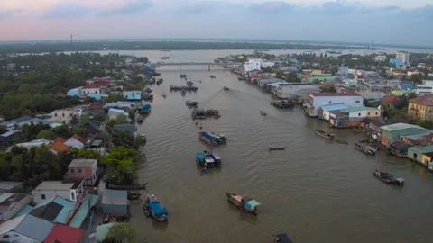 Aerial view of cai rang floating market on mekong river delta Stock Footage 329487530