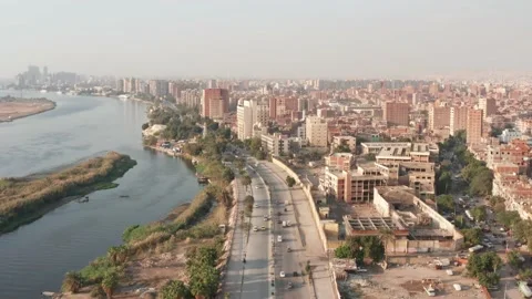 Aerial view of Cairo. River Nile and city skyilne in sunny day, Maadi - Cairo Stock Footage 145521353