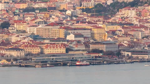 Aerial view of the Cais Do Sodre ferry terminal by the Tage river timelapse in Stock Footage 274340305