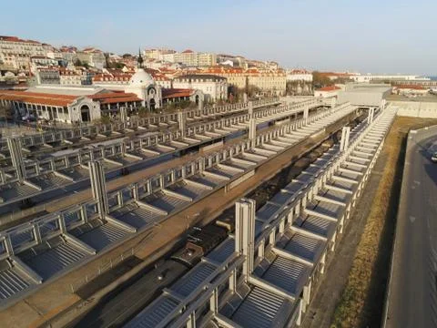 Aerial view from Cais do Sodre train Station,Lisbon Stock Photos