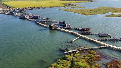 Aerial view of Cais Palafítico da Carrasqueira, Comporta, Alcacer, Portugal Stock Footage 139973096