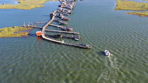Aerial view of Cais Palafítico da Carrasqueira, Comporta, Alcacer, Portugal Stock Footage 139973320
