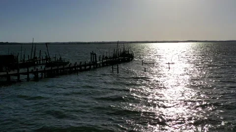 Aerial view of Cais Palafítico da Carrasqueira, Comporta, Alcacer, Portugal Stock Footage 139973864