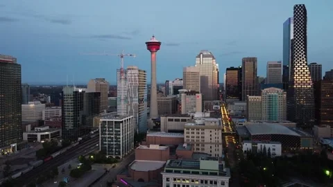 Aerial view of Calgary Downtown and Calgary Tower during Sunset Stock Footage