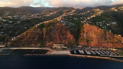 Aerial view of Calheta on high cliffs, Madeira Stock Footage 310831837