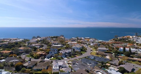 Aerial view of California coastal neighborhood on sunny morning. Stock Footage