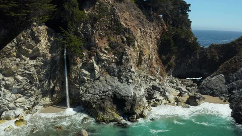 Aerial View of California Waterfall, McWay Falls, Big Sur Stock Footage
