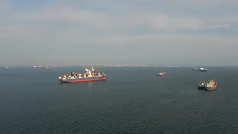 Aerial view of Callao anchorage with large container ship and another vessels Stock Footage 242484251