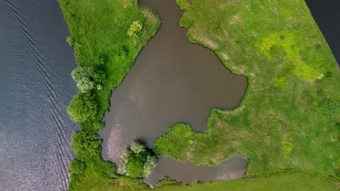 Aerial view of a calm river bend surrounded by lush green grass and scattered Stock-Footage 311643697