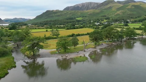 Aerial view of calm river flowing beside lush greenery Stock Footage 345524359