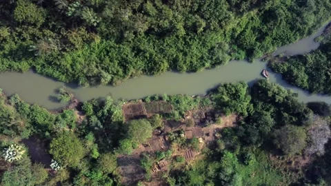 Aerial view of calm river with small farms and forest in rural Uganda. Stock Footage 301098259