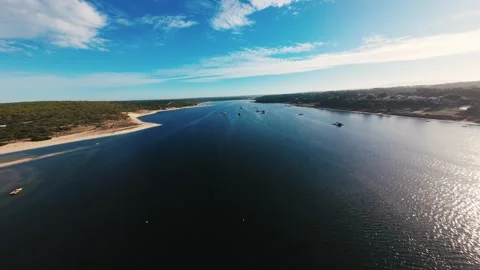 Aerial view of calm river surrounded by greenery Stock Footage 340904697