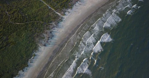 Aerial view of calm waves flow towards the shore surrounded by meadow and trees Stock Footage 126610188