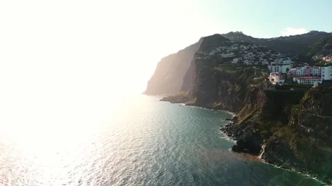Aerial view of Câmara de Lobos harbor at sunset, Madeira, Portugal Video stock 342383096