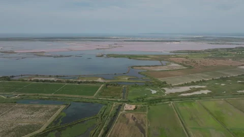 Aerial view of Camargue with patchwork of green fields shallow ponds pink salt 動画素材 337978873