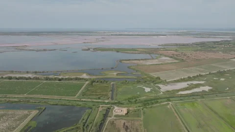Aerial view of Camargue with patchwork of green fields shallow ponds pink salt 動画素材 337978887