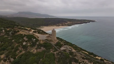Aerial view from Camarinal lighthouse on a cloudy summer day. Stock Footage 134670869