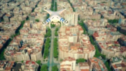 Aerial view of camera drone flying and filming above the city. 3d rendering Ilustración de archivo