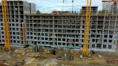 Aerial view camera moves around heating station workshops huge carcasses on 스톡 동영상 113932161